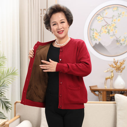 Autumn and Winter Thickened Middle-aged and Elderly Sweater Wool Pure Face Solid Color Jacket Cardigan Elderly Couple Dress Red Festive Parents