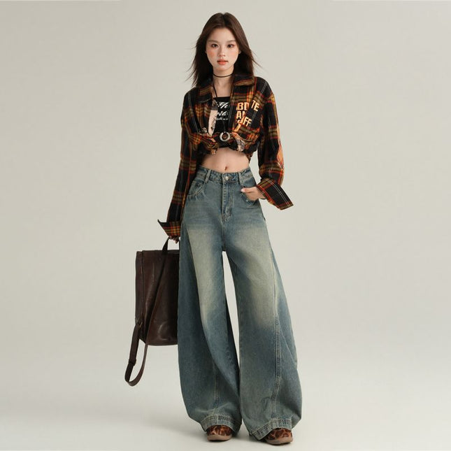 Amazon European and American Style Cross-Border American Retro Washed Distressed Denim Scimitar Pants for Women Loose Wide-Leg Casual Pants