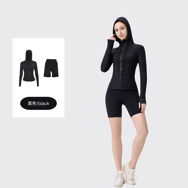 [in Stock] Ld Five-Piece Hooded Yoga Suit for Women, Fitness Yoga Set, High-Waisted, Barely-There Feel, Tight-Fitting Sportswear