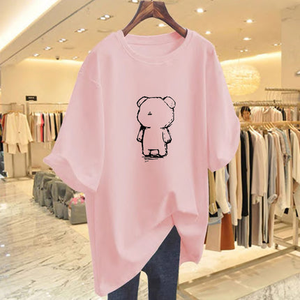 White Long Bear Printed T-shirt Women's Summer 2025 New European plus size Loose Butt Covering Long T-shirt