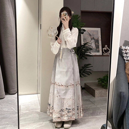 New Chinese Style National Style suit Spring Dress with a Set of Fashionable Western Style Shirt Hanfu Improved Horse-faced Skirt Two-piece Set