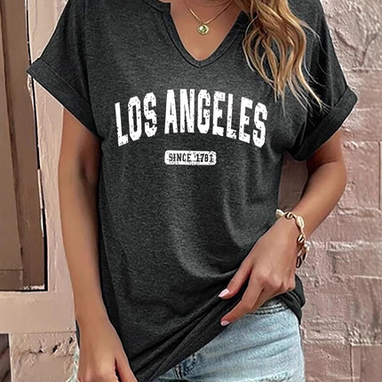 Amazon Spring and Summer New Product V-Neck Rolled Sleeves Los Angeles Letter Positioning Printed Pullover Short Sleeves