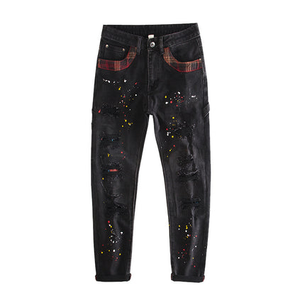 European Station Ripped Patch Splash Ink Black Jeans Men's Slim Fit Small Feet Elastic Spray Paint Design Sense Trendy Brand