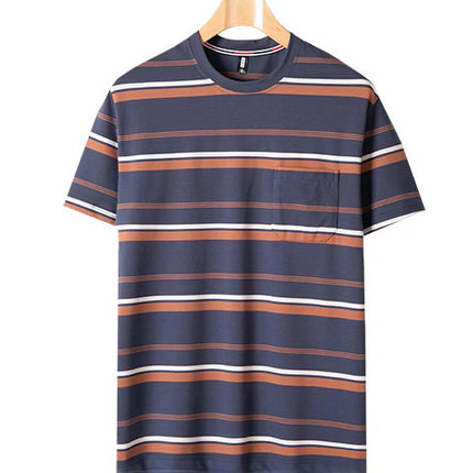 Dad summer striped short sleeve T-shirt new middle-aged men's round neck pocket loose middle-aged plus size top