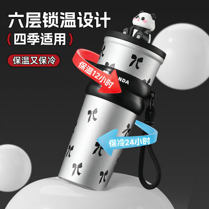 High-Looking Stainless Steel Thermos Cup, Large-Capacity Car-Mounted Cute Printed Coffee Cup, Accompanying Cold-Keeping Double-Drink Ice Cup
