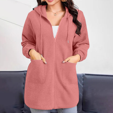 2025 European and American Cross-Border Casual Hooded Jacket for Women with Zipper Pockets, Long Hoodie, Casual Style