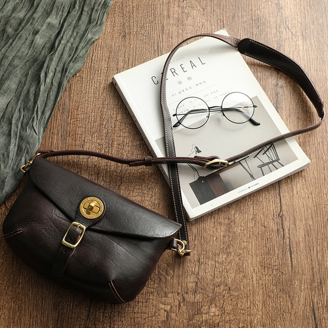 Genuine Leather Vintage Saddle Bag Thick Soft Vegetable Tanning Top Layer Leather Crossbody Dumpling Bag Korean Casual Brass Hardware 32008