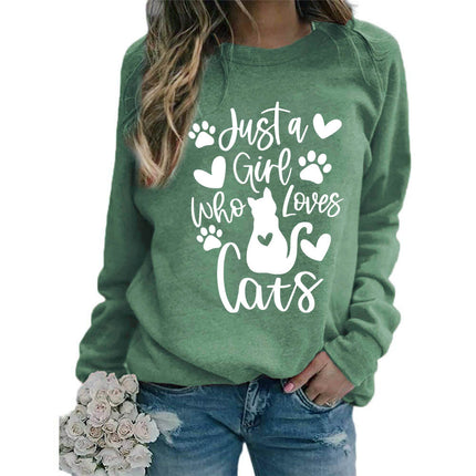 Who loves cats printed crew neck coat European size ladies coat long sleeve cross-border foreign trade supply
