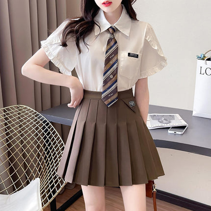 JK British Academy Style Set 2023 Fresh Age-reducing Little Man Wood-ear Tie Shirt Pleated Skirt Two-piece Set