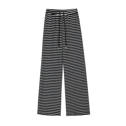 Real Shot Black and White Striped Towel Velvet Wide-Leg Pants for Women 2024 Autum New Loose Drawstring Sports Pants Casual Pants
