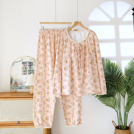 Women's Double-Layer Cotton Gauze Long-Sleeved Trousers suit Spring and Autumn Floral Crewneck Loose Outer Wear Home Clothes