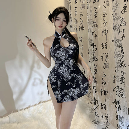 Water Drop Chest Nightgown Women's Sexy Guofeng Split Cheongsam Uniform Pure Desire Temptation Bed Hollow Sling Pajamas 2492