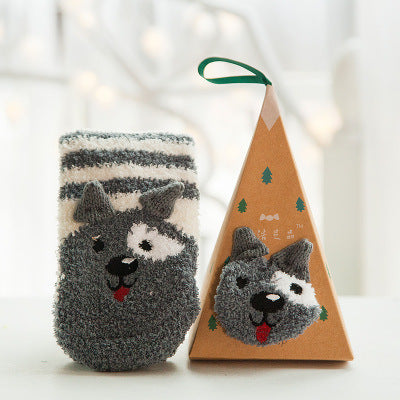 Coral Fleece Japanese-Style Christmas Socks with Embroidered 3D Cartoon Design, Boxed Floor Socks, Half Fleece Socks for Women