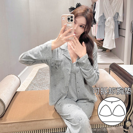 Vernis Spring and Autumn Pajamas Three-Piece Set Modal Bear Printed Drape Comfortable Home Clothes with Chest Pad for Women