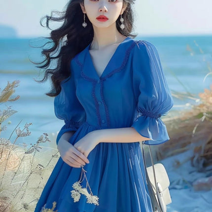 Foreign Trade Women's French Tea Break Beautiful Blue Puff Sleeve Dress Waist 2025 Summer New Style Seaside Vacation