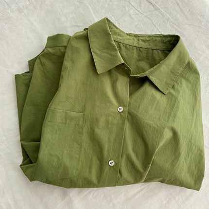 Poison home-made. High-count Washed Encrypted Cotton Small Stand Collar Matcha Agaro Green Shirt Women's Loose Lazy Style