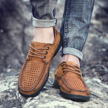 Leather Shoes Men's 2025 New Summer Breathable Hollow-out Leather Shoes Men's Leather Top Layer Cowhide Low-top Lace-up Casual Shoes