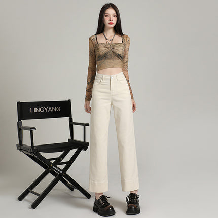 Korean-style All-match Cropped Straight Jeans Women's 2025 Spring New High Waist Elastic Slimming Smoke Pipe and French Stick Pants