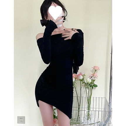 Off-Shoulder dress Women's Long-Sleeved Cold Style High-End Hot Girl Sexy Off-Shoulder Tight Waist Tight Base Hip Skirt