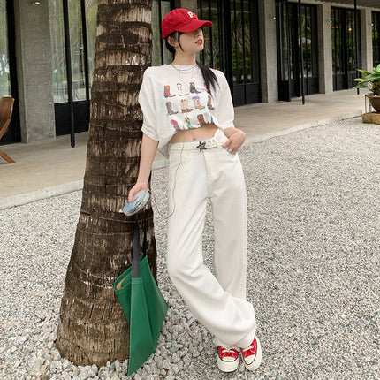 With inch women's clothing | 2025 loose Denim wide leg white straight pants women slim mop pants pear-shaped slim