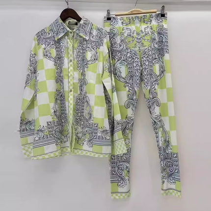 V home cross-border foreign trade acetate plaid printed loose shirt two-piece high waist stretch leggings fashion suit