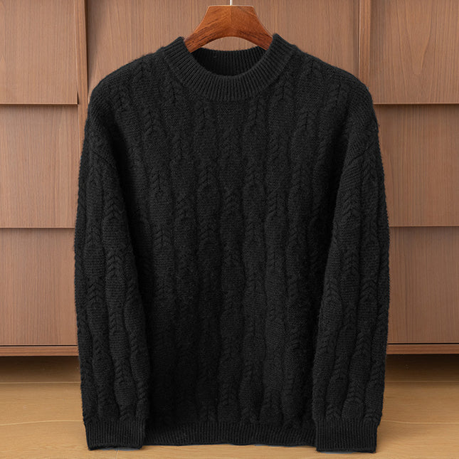 Autumn and Winter Cashmere Casual Versatile Loose Men's Solid Color Cable Knit Round Neck Pullover Wool Sweater