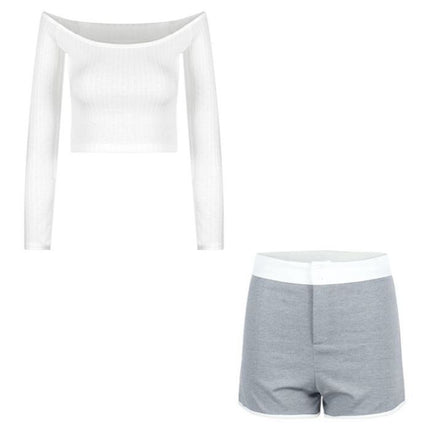 One-Shoulder White Long-Sleeved Slim T-Shirt for Women in Autum Sexy Sexy Tight Elastic Slimming Look Short Crop Top