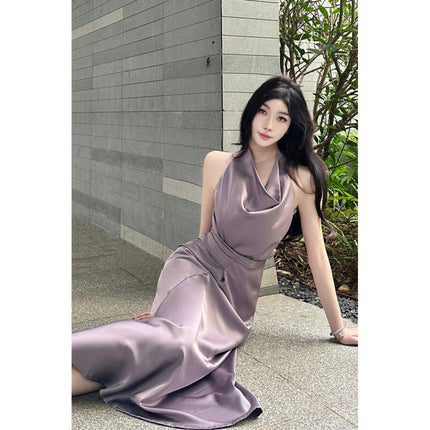 Foreign Trade Women's Clothing Real Shot Summer Elegant Light Purple Swing Collar Halter Design Satin Waist Irregular Two-Wear Straps