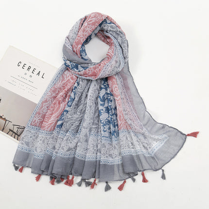 Fresh and Elegant Red Petal Mixed Printed Tassel Gauze Women's Cotton and Linen Scarf Travel Decorative Shawl