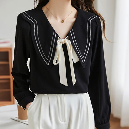 plus size Women's French Color Contrast Elegant V-neck Small Shirt Women's Spring Slight Fat Pear Figure Women's Top