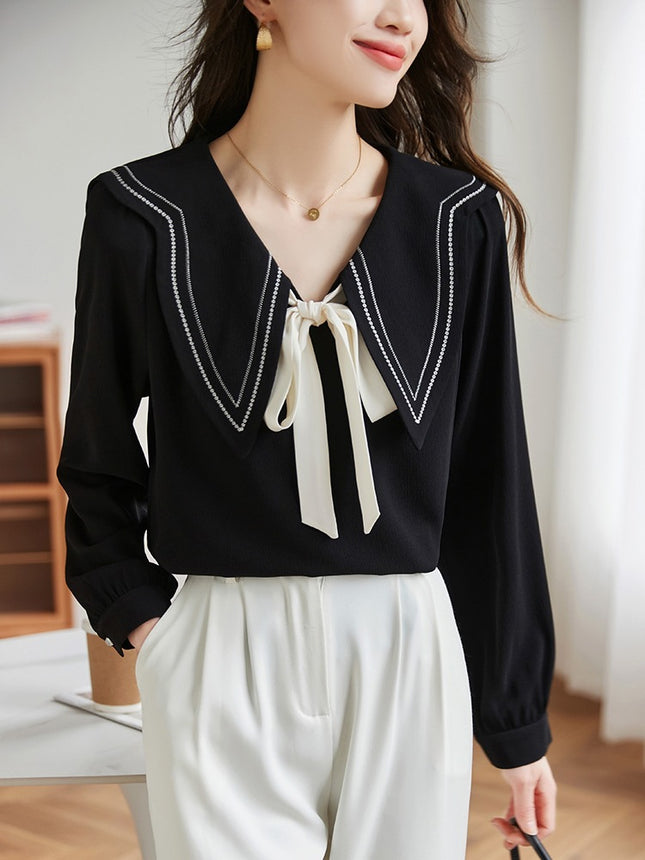 plus size Women's French Color Contrast Elegant V-neck Small Shirt Women's Spring Slight Fat Pear Figure Women's Top