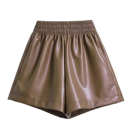 pu leather shorts women's 2023 autumn and winter new high waist a figure slim wide leg pants small casual outer boot pants