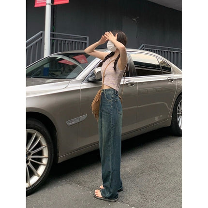 Petite Retro Blue High-Waisted Wide-Leg Jeans for Women 2024 Drapey Loose Slimming Straight-Leg Floor-Length Pants