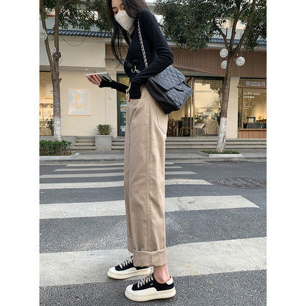 Khaki fleece-lined thick straight jeans women's pants autumn and winter one-piece velvet wide-leg pants lambswool mop pants