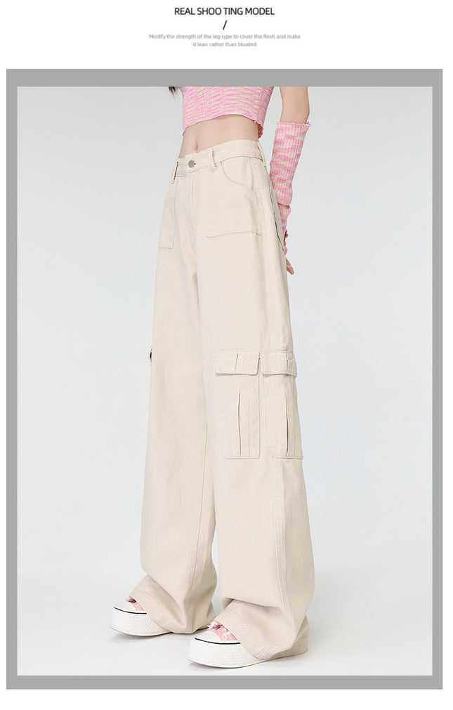 Loose Casual Overalls Women's New Design Sense High Waist Slimming Pocket Workwear Wide Leg American Style Retro Mop Pants