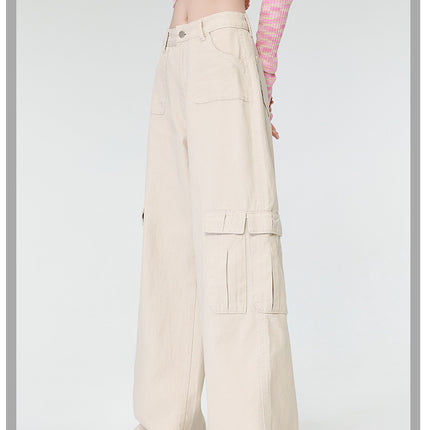 Loose Casual Overalls Women's New Design Sense High Waist Slimming Pocket Workwear Wide Leg American Style Retro Mop Pants