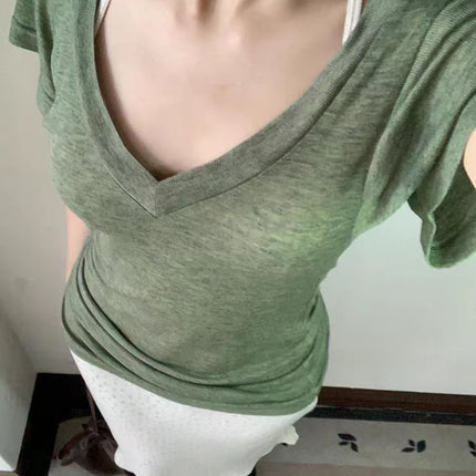 Tencel Threaded Elegant Retro V-Neck Green Short-Sleeved T-Shirt for Women Summer New Relaxed, Fashionable and Elegant Pure Desire Top