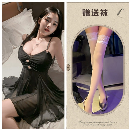 Sexy Plus-Size Casual Lingerie Nightgown Passion Set Teasing Strap Transparent Sleepwear for Women