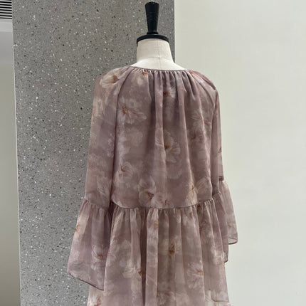 Dirin Ambient V-Neck Nail Drill Lazy Draped Slimming Trumpet Sleeve Chiffon Shirt Women's Holiday Floral Short Top