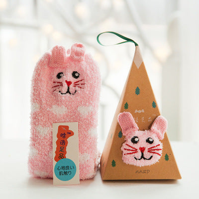 Coral Fleece Japanese-Style Christmas Socks with Embroidered 3D Cartoon Design, Boxed Floor Socks, Half Fleece Socks for Women