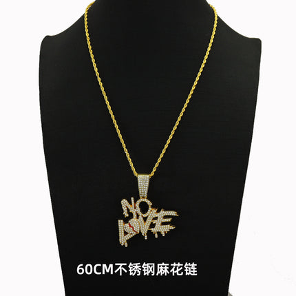 European and American hip-hop style full diamond stitching letter love pendant clavicle chain heartbroken letter NOLOVE Cuban tide necklace