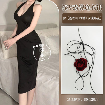 French Sexy Nightgown for Party, Deep V Breast-Revealing Dress, Sexy Pure Lust Red Nightgown, Bare Buttocks Sexy Intimates for Women