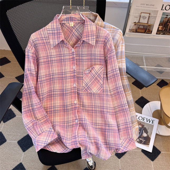 Plaid Shirt Jacket for Women, Spring/Summer 2025, Long-Sleeved, Loose-Fitting, Sun-Protective Shirt, Cotton-Linen Shirt, Breathable, Lightweight, Versatile