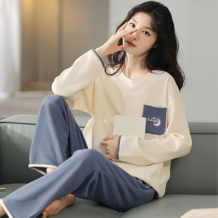 Factory wholesale live fashion spring and autumn cotton pajamas women's cute simple wind long sleeve trousers home clothes suit