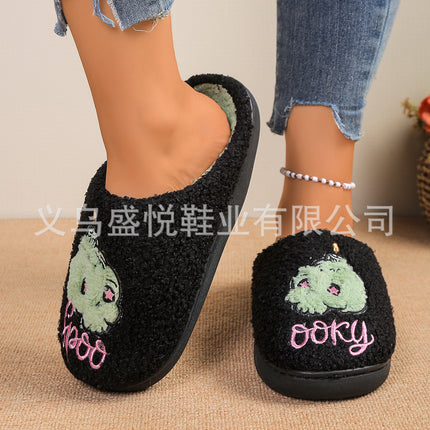 Cross-Border Halloween Embroidered Pattern Green Skull Home Comfortable Warm Cotton Slippers for Winter Couples