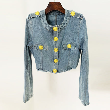 In Stock 2026 European and American Celebrity Style New Round-Neck Lion Buckle Ultra-Short Washed Denim Jacket