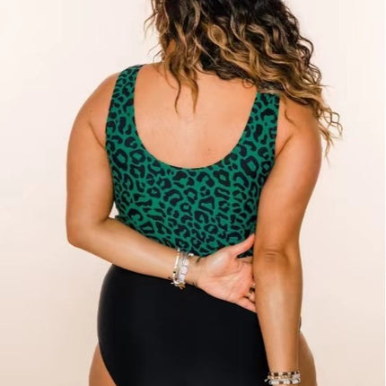 Large Size Split Swimsuit Women's Green Leopard Tankini Huludao Swimsuit Plus Size Loose Conservative Swimsuit