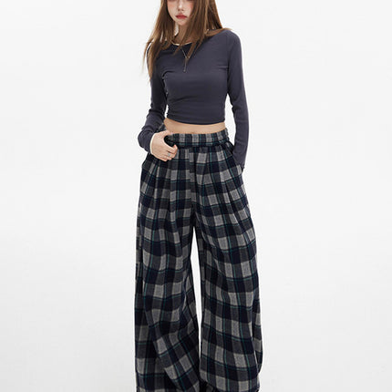 Korean Style Plaid Sanding Drawstring Casual Pants Women's Autumn and Winter New Wide Leg Pants 2024 Slimming All-match Mop Pants
