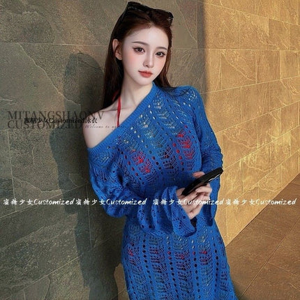 Pure Desire Sexy Spice Girl Red White Bikini Three-Piece Blue Knitted Blouse High-Level Photo Swimsuit