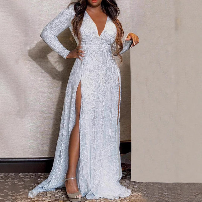 TD2506 European and American New Foreign Trade Spring and Autumn Sexy dress Split Solid Color Sequin Long Mop Evening Dress